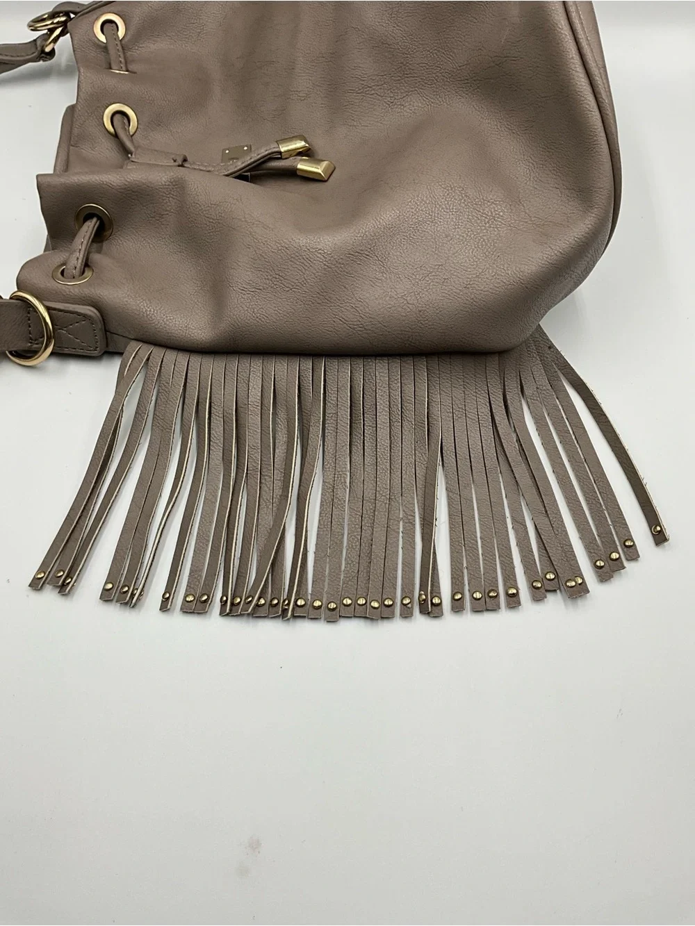 BCBG Paris Bucket Bag Taupe Fringe Drawstring Hobo Bag